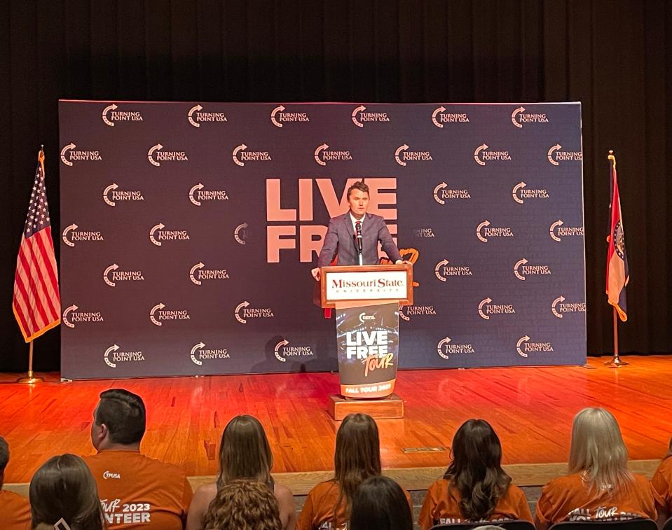 Charlie Kirk, founder of Turning Point USA, speaks to the audience at the Plaster Student Union Theater on the Missouri State University campus in Springfield on October 19, 2023.