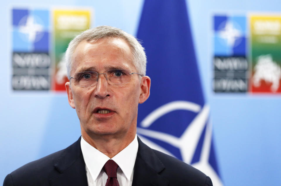 NATO Secretary General Jens Stoltenberg speaks prior to a meeting with Australian Prime Minister Anthony Albanese during a NATO summit in Vilnius, Lithuania, Tuesday, July 11, 2023. NATO's summit began Tuesday with fresh momentum after Turkey withdrew its objections to Sweden joining the alliance, a step toward the unity that Western leaders have been eager to demonstrate in the face of Russia's invasion of Ukraine. (AP Photo/Mindaugas Kulbis)