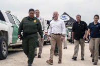 FILE - Homeland Security Secretary Alejandro Mayorkas arrives for a press conference in Brownsville, Texas, May 5, 2023. As Republicans in the House of Representatives threaten to make Mayorkas the first Cabinet official impeached in nearly 150 years, Mayorkas says, in a wide-ranging interview with The Associated Press, he is “totally focused on the work" that his agency of 260,000 people conducts and not distracted by the politics of impeachment. (AP Photo/Veronica G. Cardenas, File)