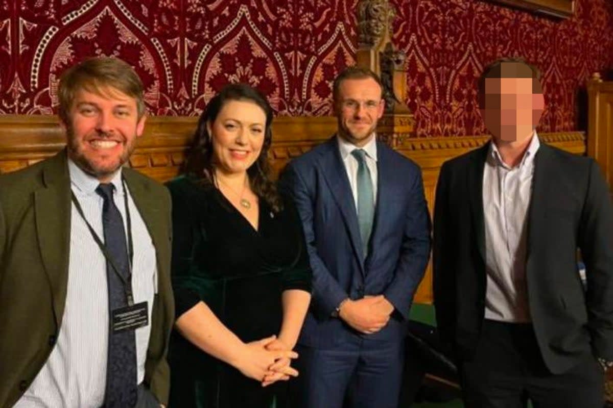 Alleged spy (right) with (from left) Julian Fisher, head of the British Chamber of Commerce in China; Alicia Kearns, who chairs the foreign affairs committee; Steven Lynch, former MD of the chamber in China (Sourced)