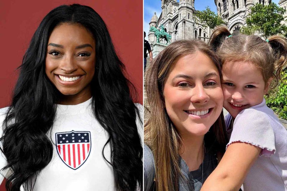 <p>Kristy Sparow/Getty; Shawn Johnson East/Instagram</p> Simone Biles (left); Shawn Johnson holds daughter Drew