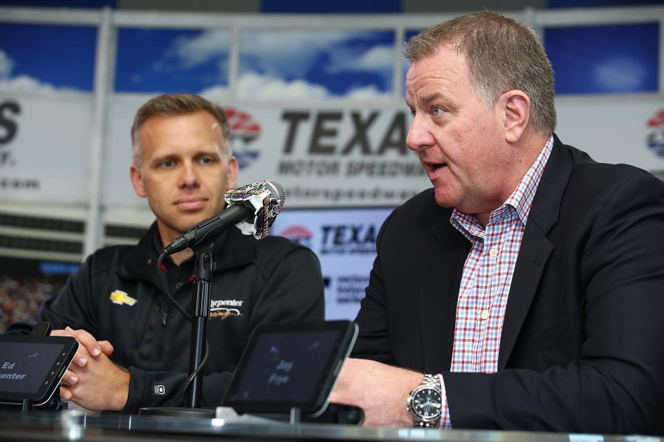 IndyCar Series driver and owner for Ed Carpenter Racing, Ed Carpenter, and IndyCar President of Competition and Operations, Jay Frye, speak to the press during the Texas Motor Speedway Track Renovation Unveiling at Texas Motor Speedway on March 13, 2017 in Fort Worth, Texas.