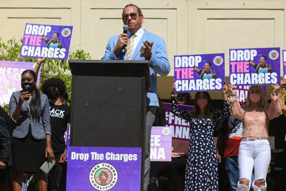 Curtis Briggs, one of the attorneys representing Tianna Arata, speaks at an Aug. 25, 2020, rally outside the San Luis Obispo County Courthouse. Event organizers called for District Attorney Dan Dow to drop the case against Arata.