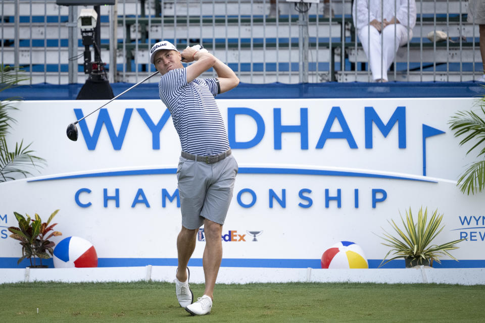 Justin Thomas gets in some practice ahead of the Wyndham Championship. (Logan Whitton/Getty Images)