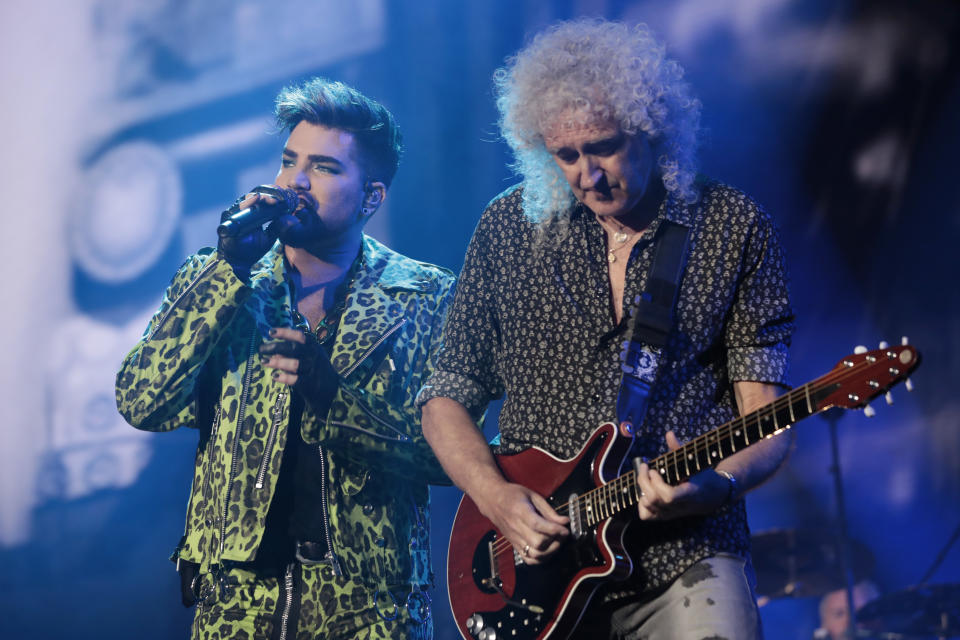 SYDNEY, AUSTRALIA - FEBRUARY 16: Adam Lambert (L) performs with Brian May of Queen during Fire Fight Australia at ANZ Stadium on February 16, 2020 in Sydney, Australia. (Photo by Cole Bennetts/Getty Images)