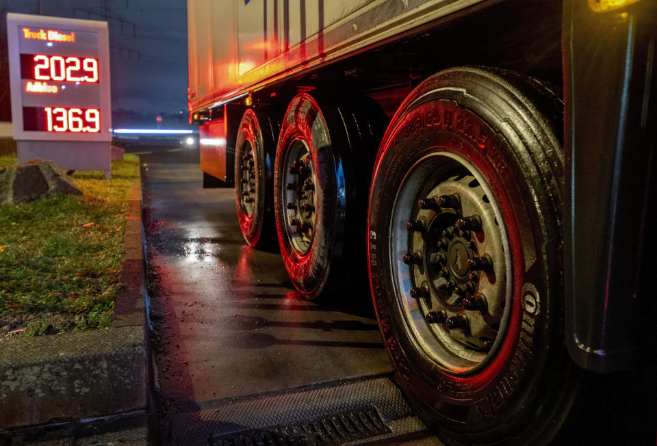 FILE - A truck at a gas station in Frankfurt, Germany, Jan. 27, 2023. European Union governments tentatively agreed Friday Feb. 3, 2023, to set a $100-per-barrel price cap on sales of Russian diesel to coincide with an EU embargo on the fuel — steps aimed at ending the bloc's energy dependence on Russia and limiting the money Moscow makes to fund its war in Ukraine. (AP Photo/Michael Probst, File)