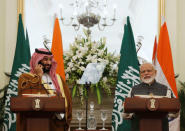 Saudi Arabia's Crown Prince Mohammed bin Salman attends a meeting with Indian Prime Minister Narendra Modi at Hyderabad House in New Delhi, India, February 20, 2019. REUTERS/Adnan Abidi