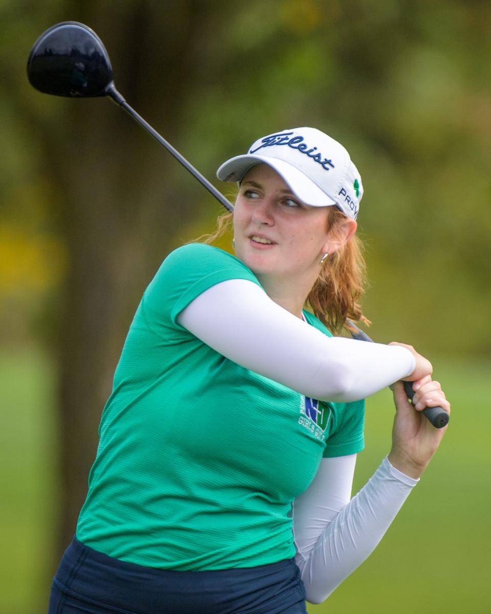 Peoria Notre Dame's Mackenzie Howard tees off on No. 9 during the Class 1A Girls Golf Regional on Thursday, Sept. 28, 2023 at Kellogg Golf Course in Peoria.