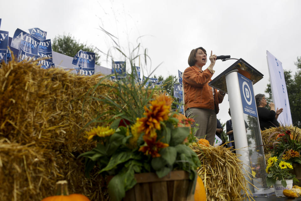 DES MOINES, IA - SEPTEMBER 21: Democratic presidential candidate U.S. Sen. Amy Klobuchar speaks during the Democratic Polk County Steak Fry on September 21, 2019 in Des Moines, Iowa. Seventeen presidential candidates attended the Polk County Steak Fry. (Photo by Joshua Lott/Getty Images)