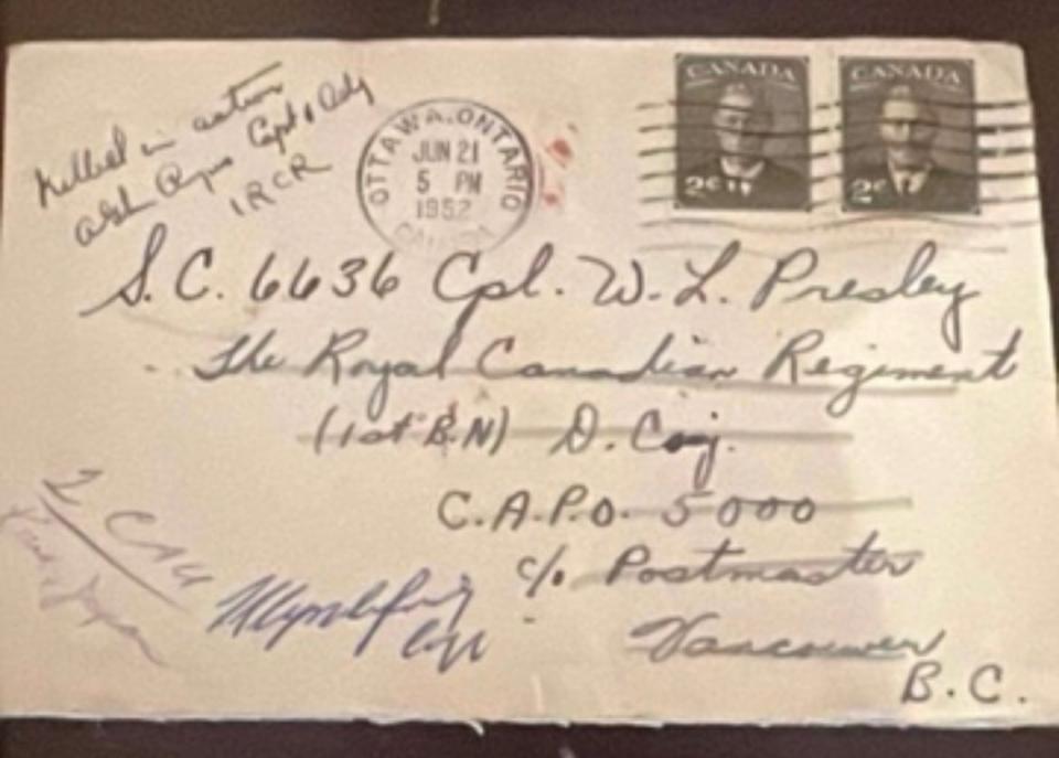 One of the letters sent to Cpl. Presley, who was deployed in South Korea. This letter was sent from Ottawa on June 21, 1952.