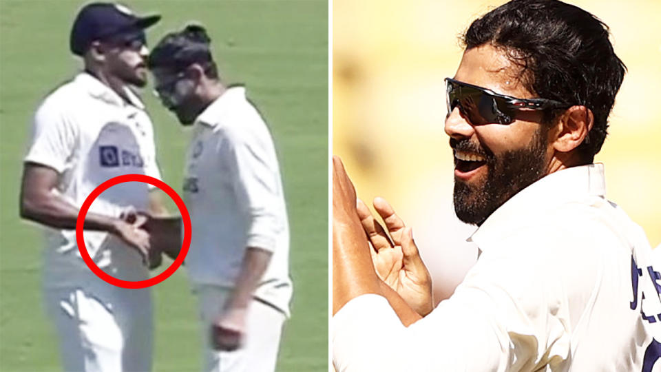 Ravindja Jadeja has been fined a quarter of his match fee for the first Test for breaching the ICC's code of conduct over a moment where he applied ointment to his finger. Pictures: Twitter/Getty Images