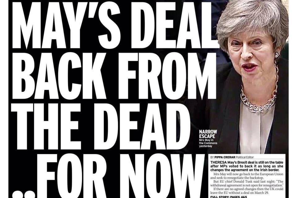 The Daily Mirror warns the EU has said the terms of the Withdrawal Agreement are not negotiable