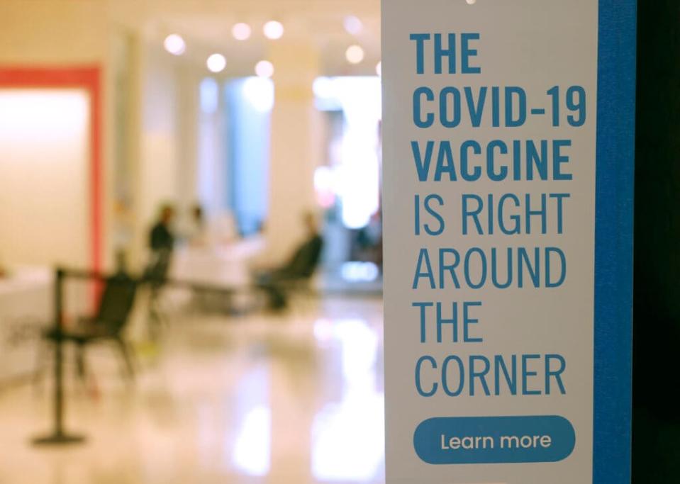 A sign is posted at a vaccination booster shot clinic on October 01, 2021, in San Rafael, California. Marin County opened its first COVID-19 booster shot clinic inside a former Victoria’s Secret store at Northgate Mall. The clinic is giving priority to residents over 75 years old, but is open to all ages that are eligible to receive the Pfizer booster. (Photo by Justin Sullivan/Getty Images)