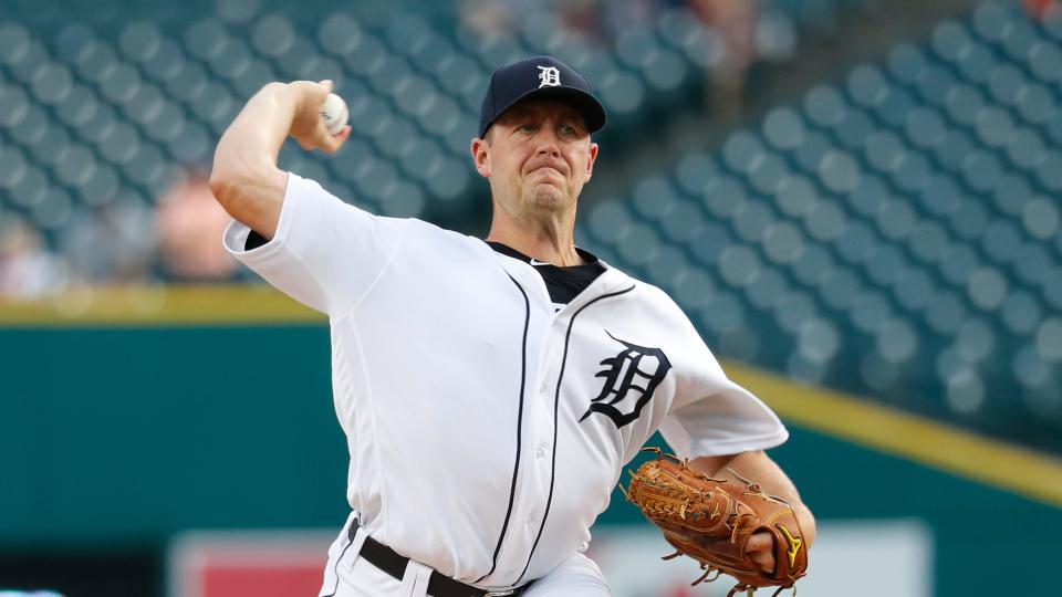 Detroit Tigers pitcher Jordan Zimmermann throws against the Chicago White Sox in the first inning at Comerica Park, Sept. 20, 2019.