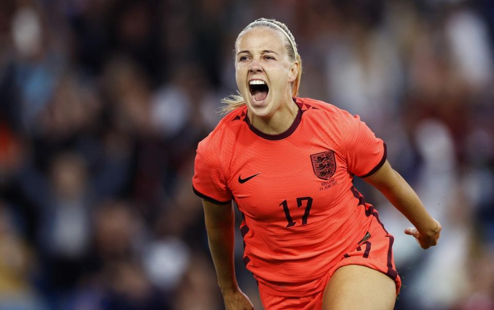 Beth Mead of England celebrates scoring their side's second goal during the Women's International friendly match between England and Netherlands at Elland Road on June 24, 2022 in Leeds, United Kingdom - Lynne Cameron - The FA/The FA via Getty Images
