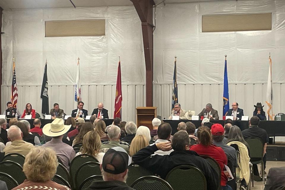 Boebert was joined by eight other Republican candidates at the forum who are vying for the seat; one made his excuses as he cared for a sick elderly mother while another did not turn up (Sheila Flynn/The Independent)