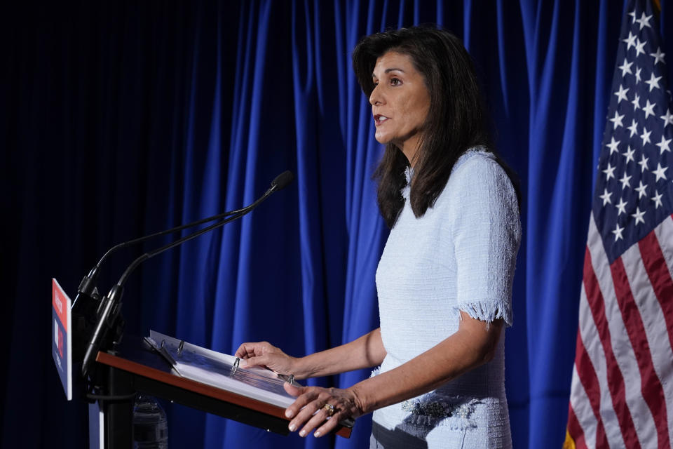 Republican presidential candidate, former ambassador to the United Nations Nikki Haley speaks about her abortion policy, Tuesday, April 25, 2023, in Arlington, Va. (AP Photo/Patrick Semansky)