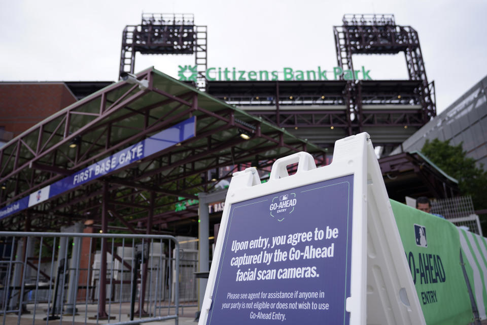 A facial scan entrance is seen at Citizens Bank Park before a baseball game between the Los Angeles Angels and the Philadelphia Phillies, Tuesday, Aug. 29, 2023, in Philadelphia. The Philadelphia Phillies ballpark is the site of an MLB pilot program that allows ticketed fans to walk into the stadium just through facial recognition. (AP Photo/Matt Slocum)