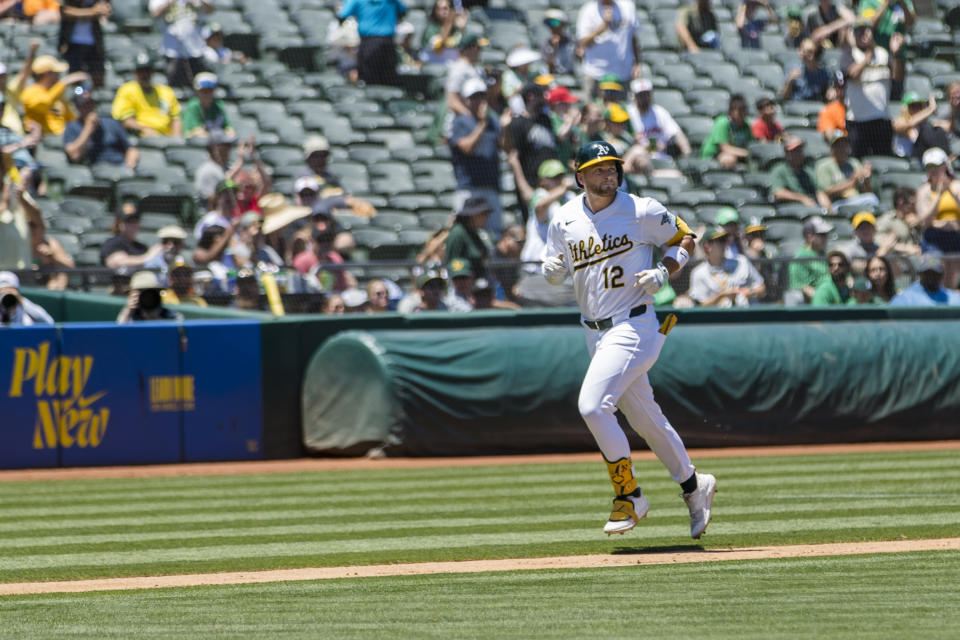 Oakland Athletics' Max Schuemann runs the bases after hitting a three-run home run against the Baltimore Orioles during the second inning of a baseball game Saturday, July 6, 2024, in Oakland, Calif. (AP Photo/John Hefti)