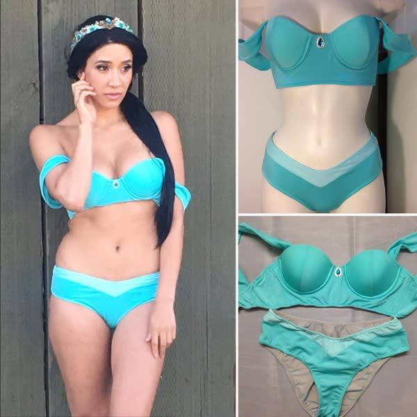 <p>El bikini de ‘Jazmín’ posee sus clásicos hombros caídos y el celeste tan característico del vestuario de esta película de Disney. Desde la empresa, <a rel="nofollow noopener" href="https://www.instagram.com/p/BRWL8HjFwsA/?taken-by=enchanted_bikinis&hl=es" target="_blank" data-ylk="slk:recomiendan;elm:context_link;itc:0;sec:content-canvas" class="link ">recomiendan</a> usar este traje de baño sobre todo en chicas morenas, ya que el tono de la prenda les lucirá de maravilla. </p>