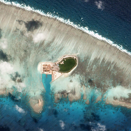 Satellite photo shows Chinese-controlled Tree Island, part of the Paracel Islands group in the South China Sea, October 2017. Planet Labs/Handovia REUTERS