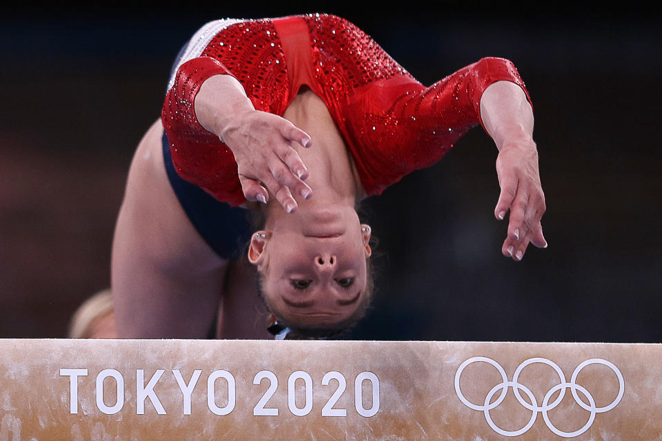 <p>TOKYO, JAPAN JULY 27, 2021: Grace McCallum of the United States performs her balance beam routine during the women's artistic gymnastics team all-around final at the 2020 Summer Olympic Games, at the Ariake Gymnastics Centre. Sergei Bobylev/TASS (Photo by Sergei Bobylev\TASS via Getty Images)</p> 