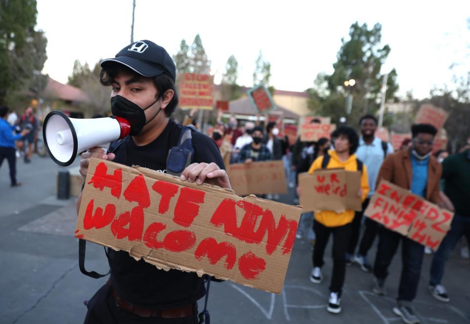 Stanford students protest outside an auditorium where former U.S. Vice President Mike Pence was due to address a Stanford College Republican (SCR) Forum. (Credit: Justin Sullivan/Getty Images)