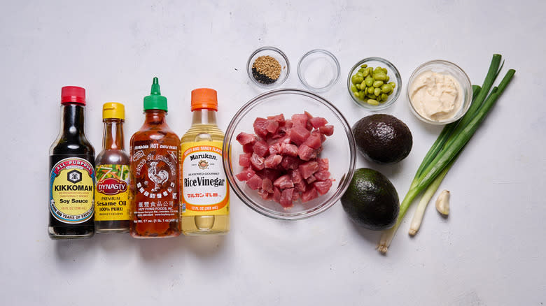 tuna poke ingredients on a table