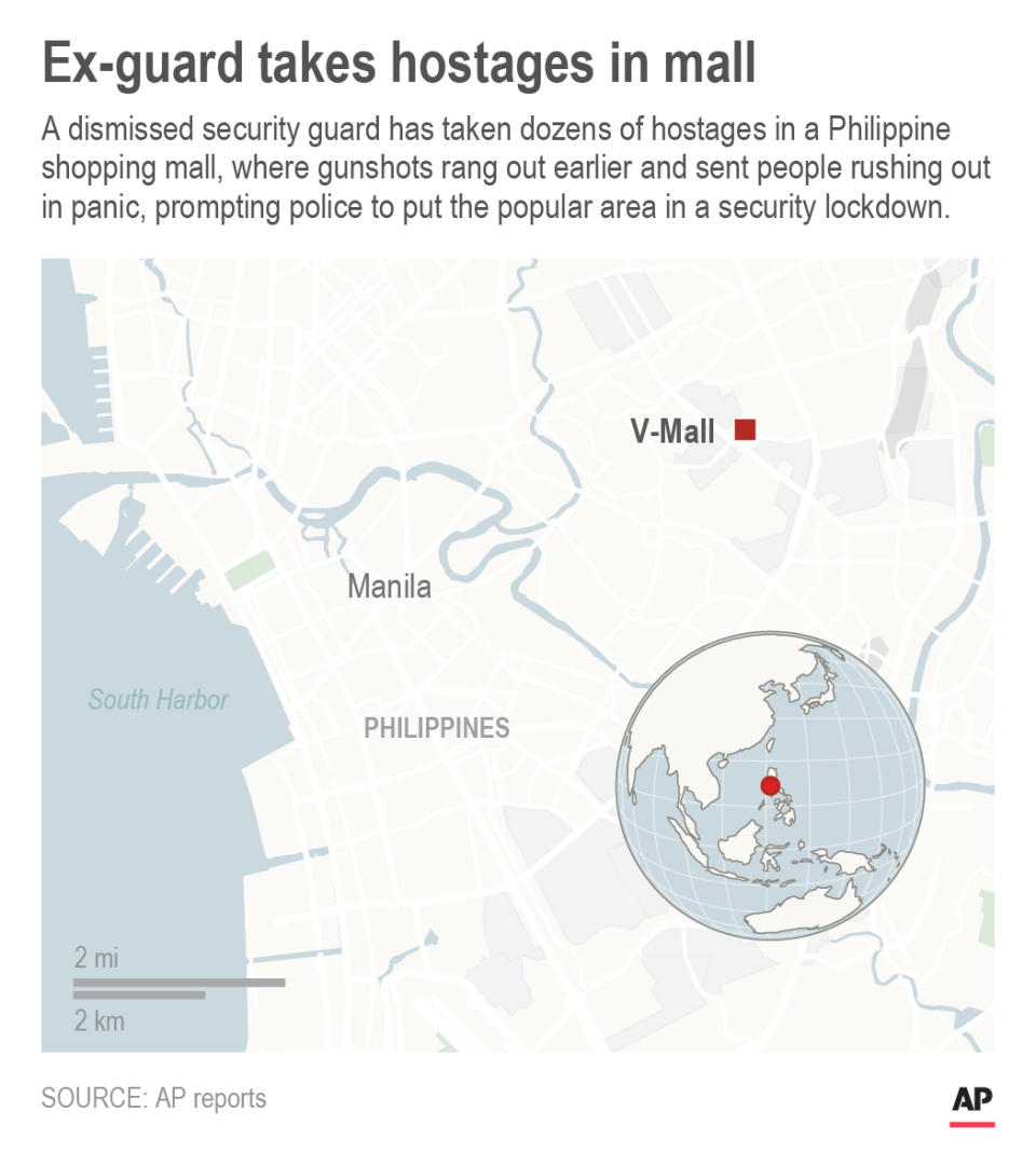 Map shows V-Mall in Manila where an ex-guard has taken hostages; 2c x 3 1/2 inches; 96.3 mm x 88 mm;