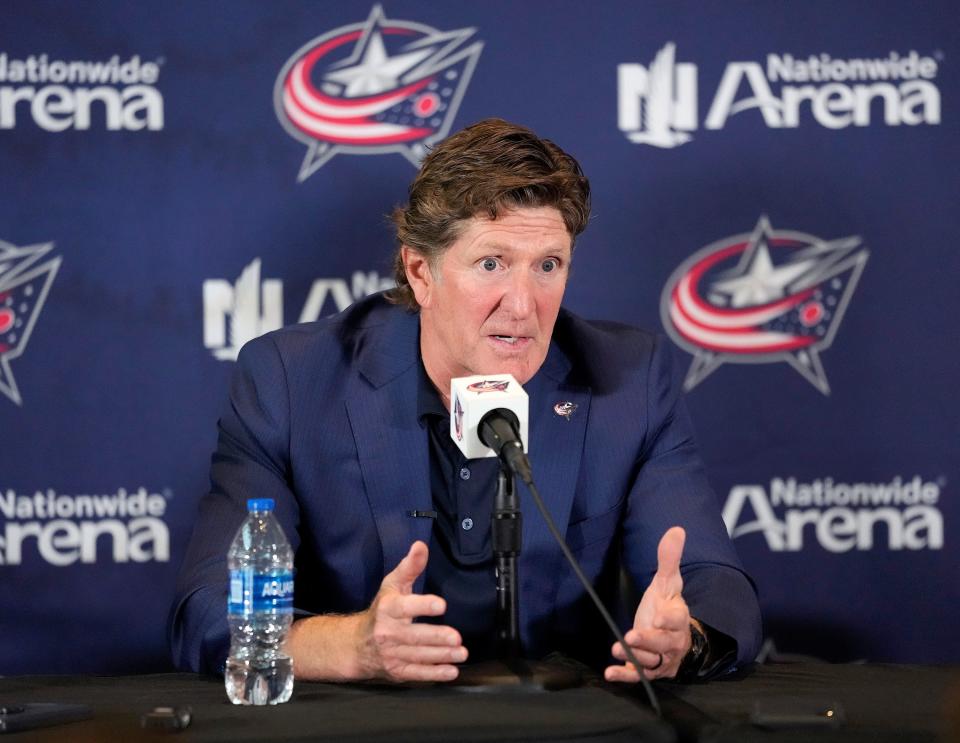 Jul 1, 2023; Columbus, Ohio, United States; Columbus Blue Jackets introduce Mike Babcock as their new head coach during a press conference at Nationwide Arena. Mandatory Credit: Kyle Robertson-The Columbus Dispatch