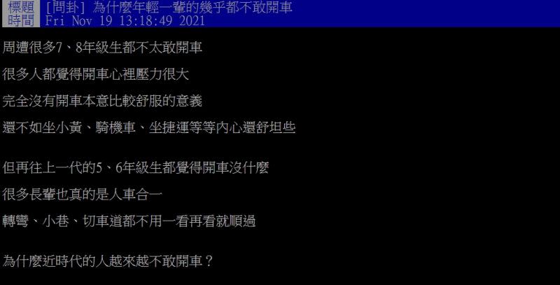 ▲網友好奇詢問「為什麼年輕一輩的幾乎都不敢開車？」（圖／翻攝PTT）