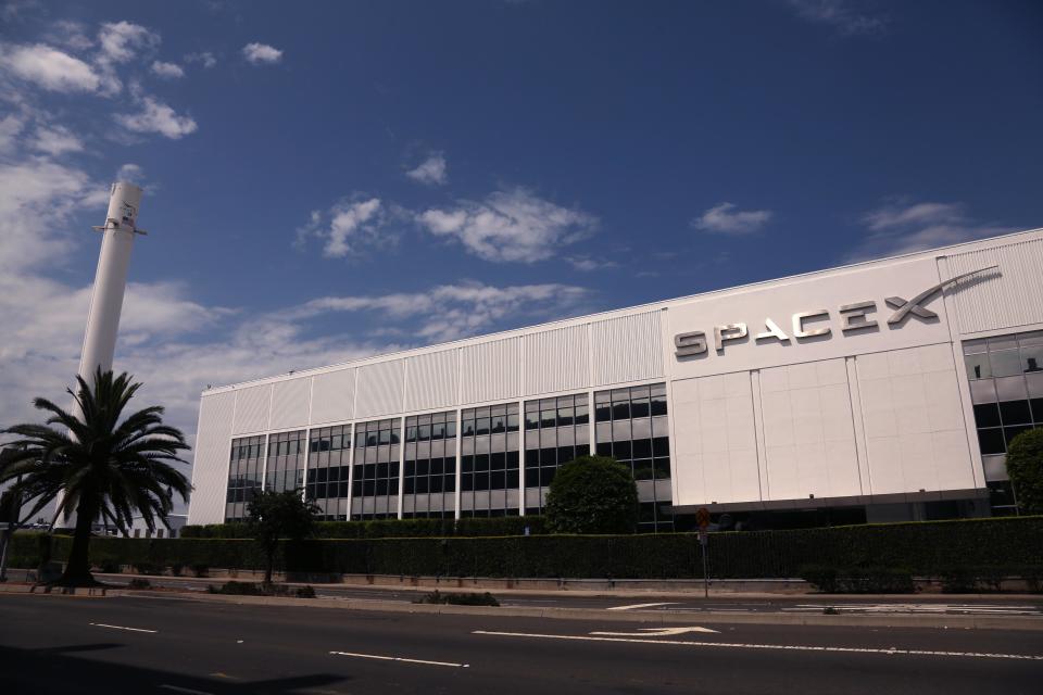 HAWTHORNE,  CA - JULY 17, 2024 - SpaceX in Hawthorne on July 17, 2024. Elon Musk said Tuesday on X that he is moving the headquarters of both SpaceX and the social media platform formerly known as Twitter to Texas  citing several criticisms he has of California. (Genaro Molina/Los Angeles Times via Getty Images)