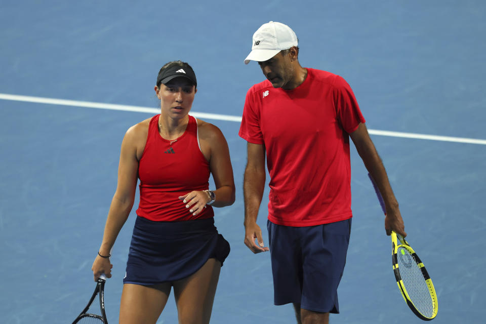 Jessica Pegula and Rajeev Ram of the United States during their mixed doubles match against Matt Ebden and Storm Hunter of Australia United Cup tennis tournament in Perth, Australia, Monday, Jan. 1, 2024. (AP Photo/Trevor Collens)