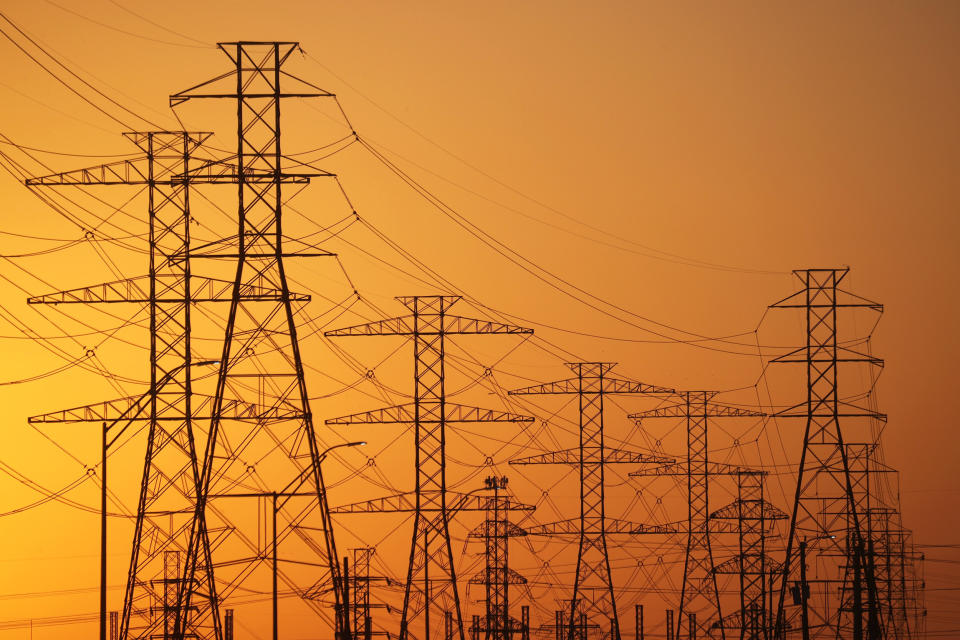 High voltage transmission towers on Feb. 21, 2021 in Houston. (Justin Sullivan / Getty Images file)