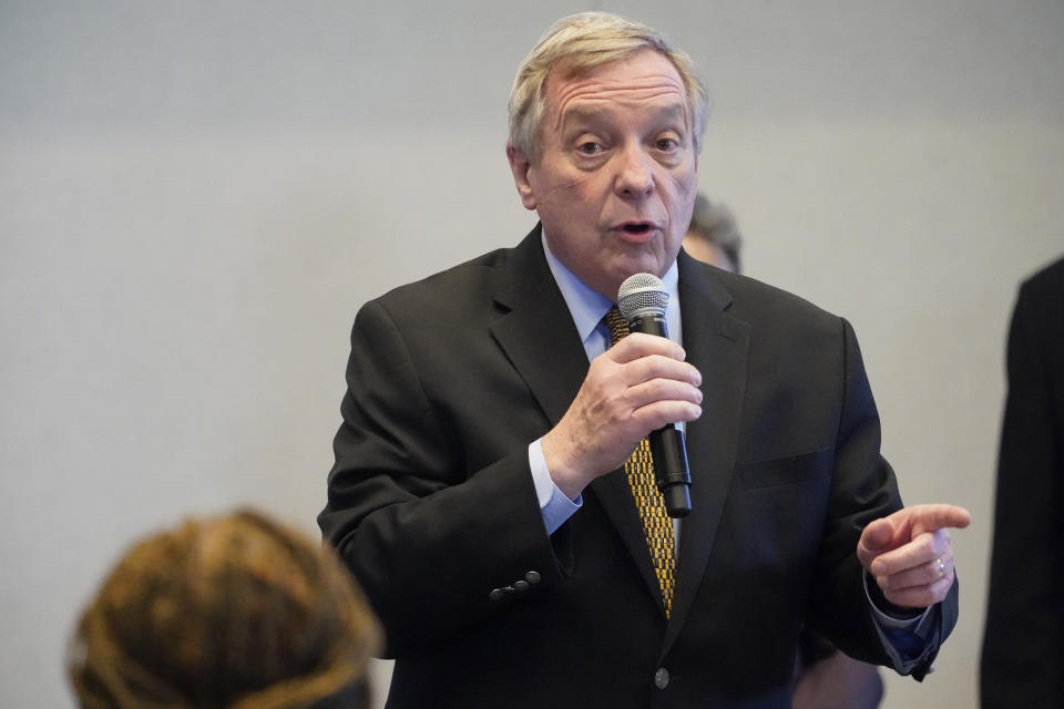 Sen. Dick Durbin, D-Ill., during a visit with Vice President Kamala Harris to a COVID-19 vaccination site Tuesday, April 6, 2021, in Chicago. The site is a partnership between the City of Chicago and the Chicago Federation of Labor. (AP Photo/Jacquelyn Martin)