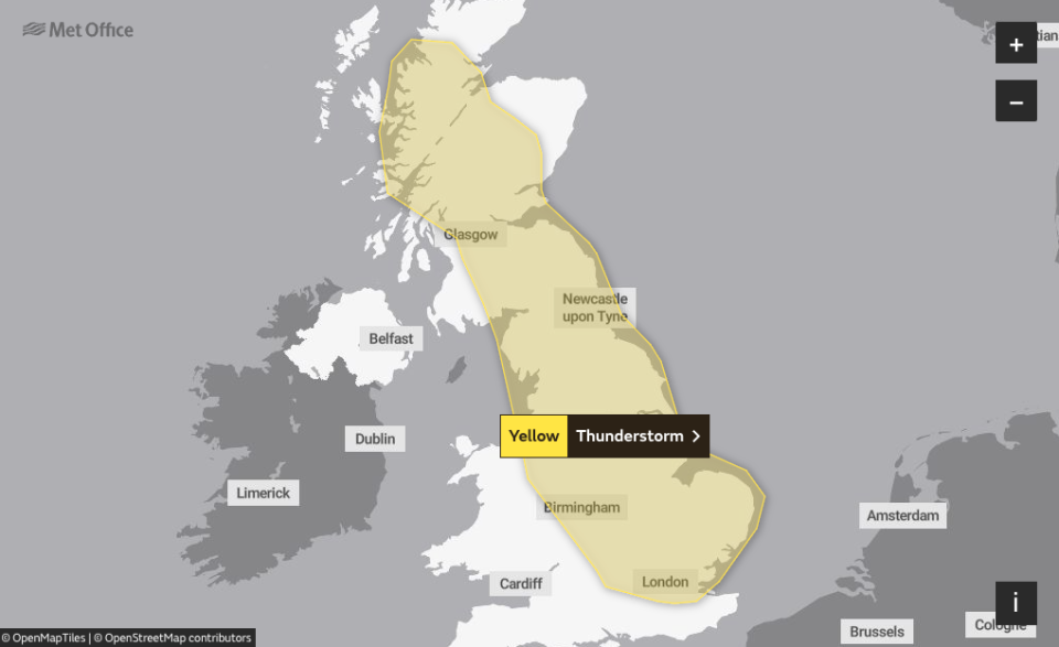 Met Office thunderstorm warnings for the UK on Saturday 8 July. (Met Office)