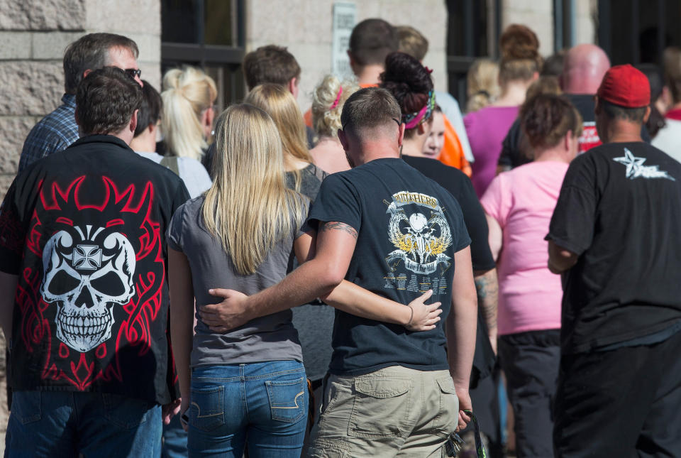 Students and staff of Umpqua Community College arrive at the Douglas County Fairgrounds Complex where they were offered grief counseling and a bus ride back to campus to pick up their possessions and vehicles on October 2, 2015 in Roseburg, Oregon. &nbsp;The students and staff were evacuated from the campus yesterday when 26-year-old Chris Harper Mercer went on a shooting rampage and killed 9 people and wounded another 7 before he was killed. &nbsp;