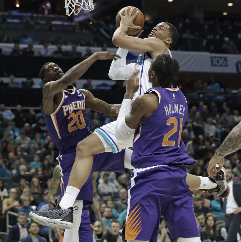 <p>
              Charlotte Hornets' Miles Bridges, center, drives between Phoenix Suns' Josh Jackson (20) and Richaun Holmes (21) during the first half of an NBA basketball game in Charlotte, N.C., Saturday, Jan. 19, 2019. (AP Photo/Chuck Burton)
            </p>