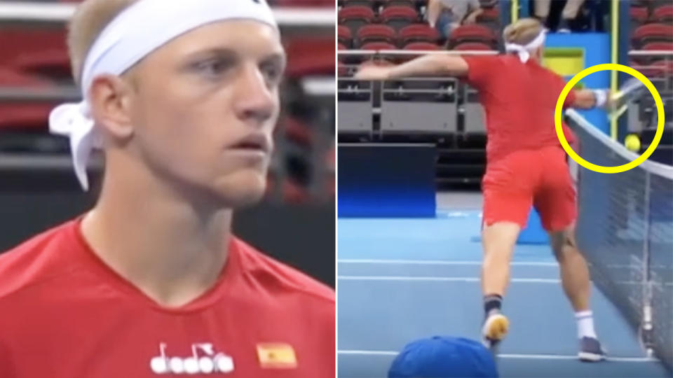 Spain's Alejandro Davidovich Fokina got away with this amusing shot in their ATP Cup match against Norway on Monday. Pictures: Channel 9