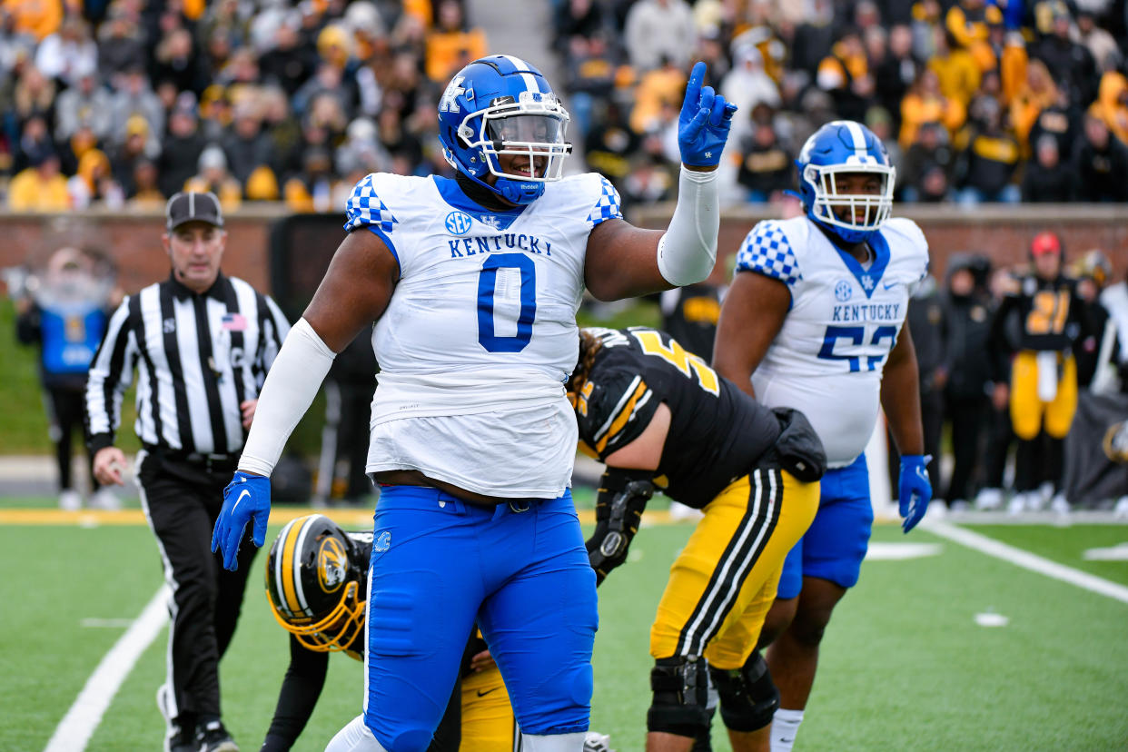 COLUMBIA, MO - NOVEMBER 05: Kentucky Wildcats defensive tackle Deone Walker (0) celebrates his sack during a SEC conference game between the Kentucky Widlcats and the Missouri Tigers held on Saturday NOV 05, 2022 at Faurot Field at Memorial Stadium in Columbia MO. (Photo by Rick Ulreich/Icon Sportswire via Getty Images