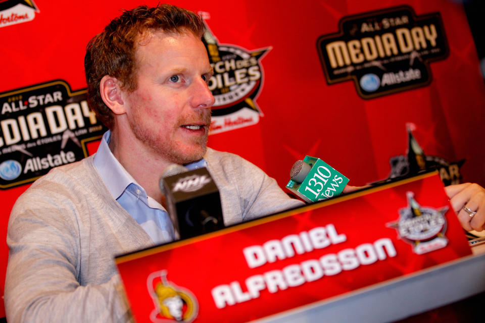 OTTAWA, ON - JANUARY 27: Team Alfredsson captain Daniel Alfredsson of the Ottawa Senators speaks with the press during the 2012 NHL All-Star Game Player Media Availability at the Westin Ottawa on January 27, 2012 in Ottawa, Ontario, Canada. (Photo by Gregory Shamus/Getty Images)