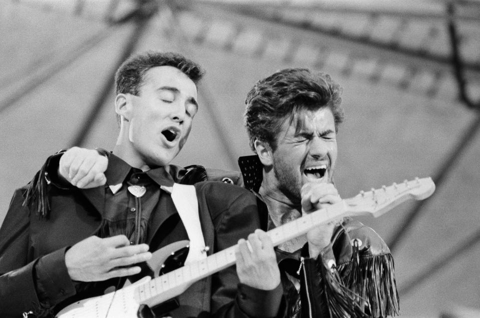 Wham ! The Farewell Concert at Wembley Stadium, London on 28th June 1986. George Michael's real name is Georgios Kyriacos Panayiotou  Wham !,  (singer George Michael, and singer/guitarist Andrew Ridgeley) played their final concert as Wham !, although Andrew joined George as a guest on a few later George Michael solo shows.  Picture taken 28th June 1986