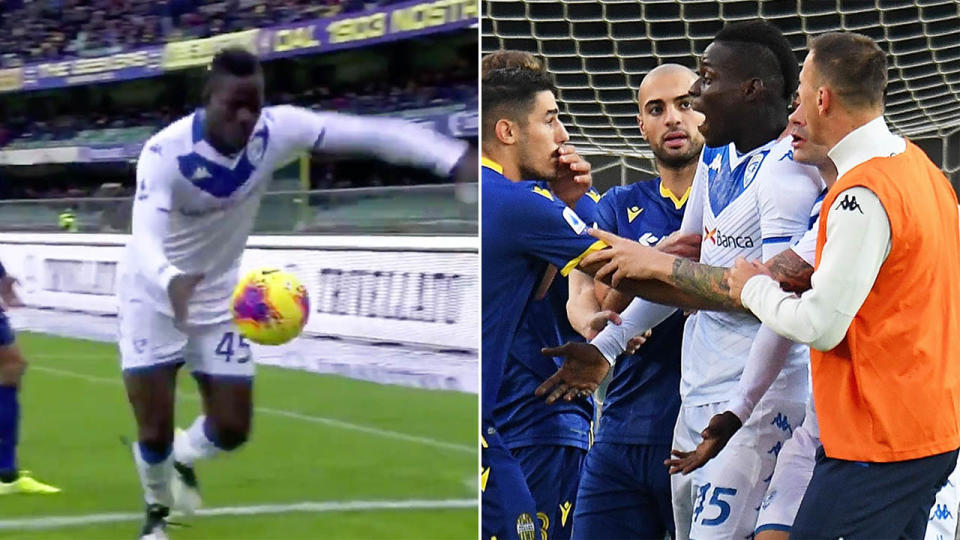 Mario Balotelli of Brescia Calcio reacts to racist chants from Verona fans during the Serie A. (Photo by Alessandro Sabattini/Getty Images)