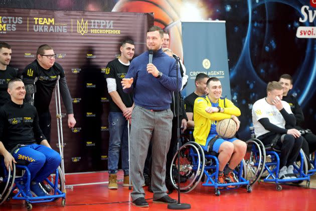 Serhii Koniushok, head coach of Invictus Games Team Ukraine, delivers a speech during an open training session in Kyiv on Feb. 9, 2021. (Photo: Future Publishing via Getty Images)