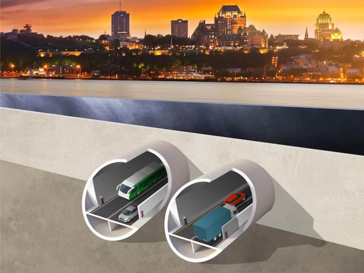 The third link, as presented at a newsconference in 2022, included a twin-tube tunnel.  (Réseau express de la capitale - image credit)