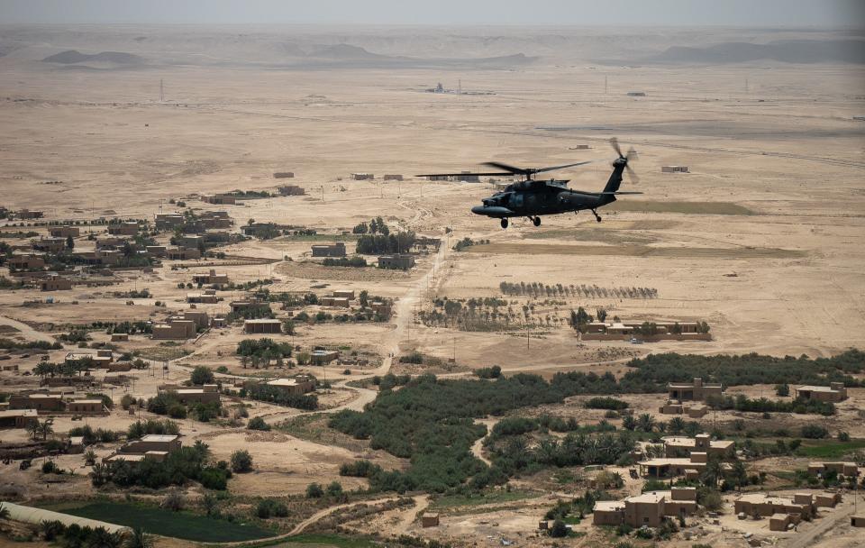 A UH-60 Black Hawk with 7th General Support Aviation Battalion, 158th Aviation Regiment, 11th Combat Aviation Brigade (CAB) flies during a mission in the US Central Command area of operations, June 6, 2022.