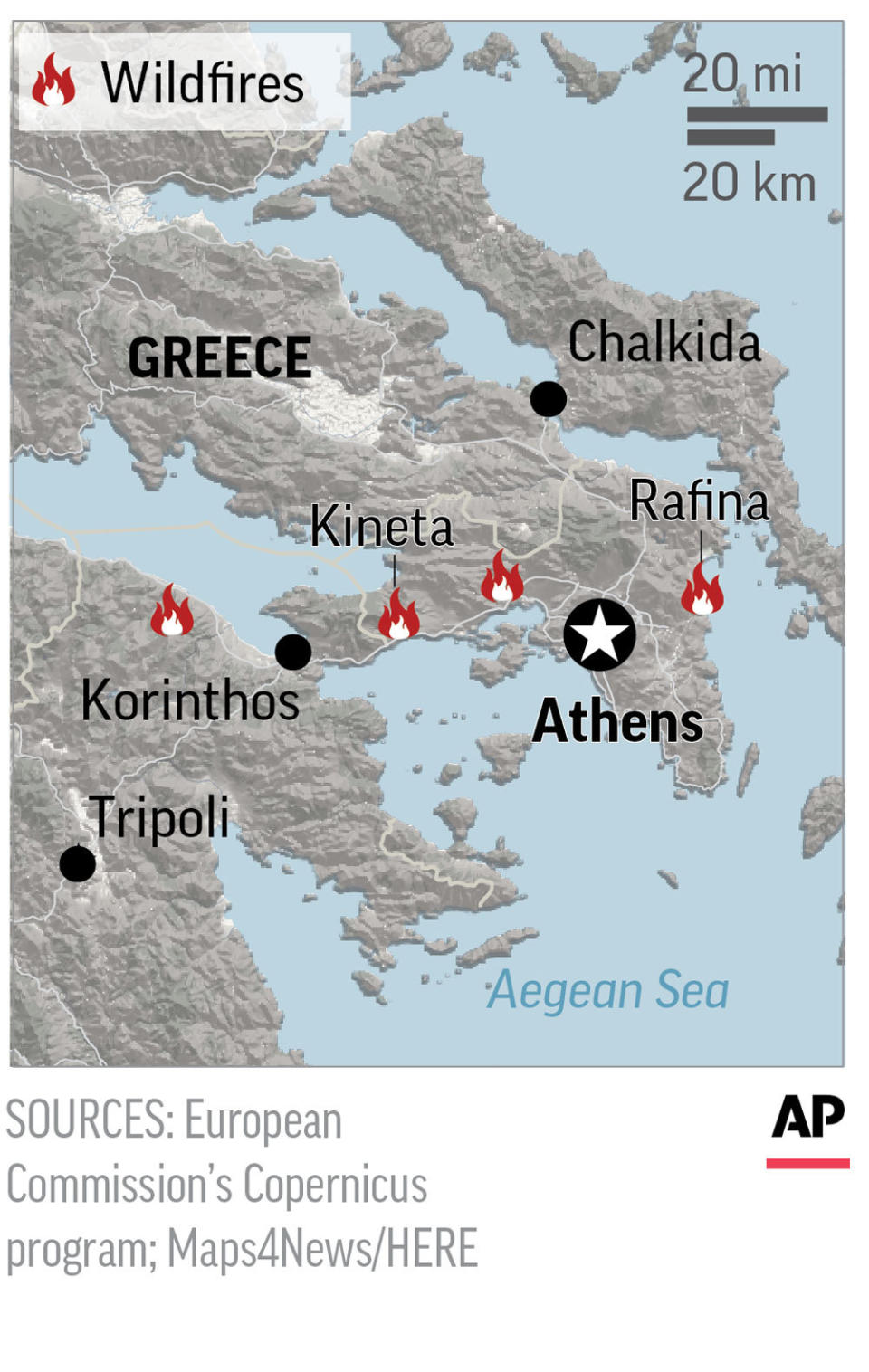 Map shows locations of wildfires around Greece; 1c x 2 inches; 46.5 mm x 50 mm;