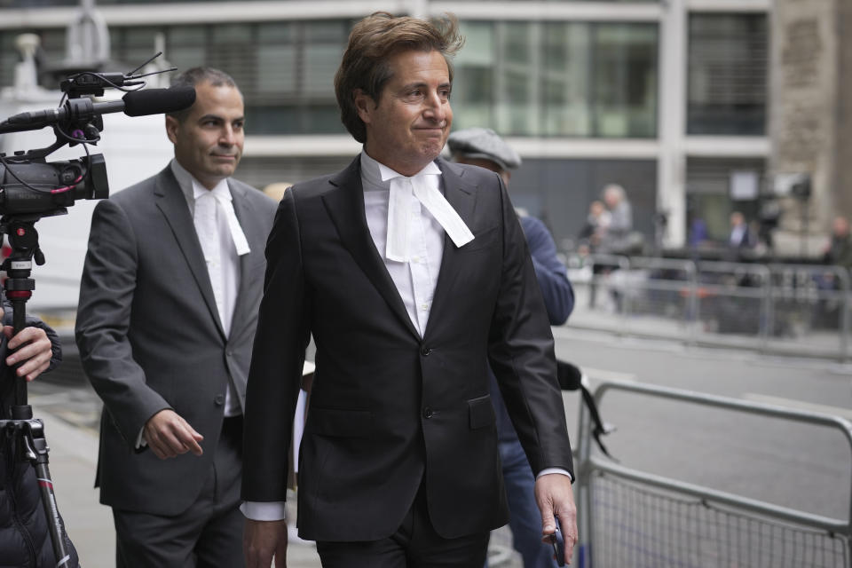 David Sherborne, Prince Harry's lead lawyer arrives at the High Court in London, Wednesday, June 7, 2023. Prince Harry has given evidence from the witness box and has sworn to tell the truth in testimony against a tabloid publisher he accuses of phone hacking and other unlawful snooping. He alleges that journalists at the Daily Mirror and its sister papers used unlawful techniques on an "industrial scale" to get scoops. Publisher Mirror Group Newspapers is contesting the claims. (AP Photo/Kin Cheung)