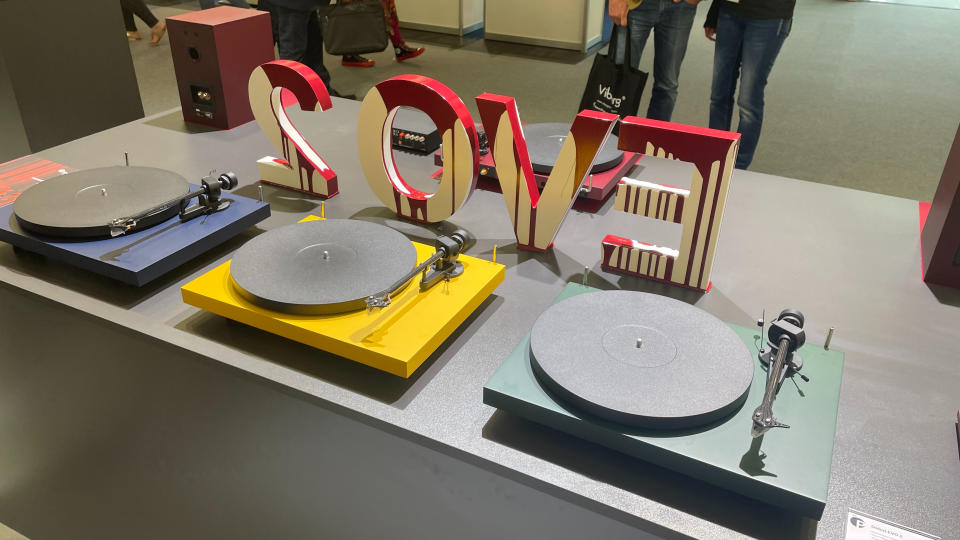 Pro-Ject Debut Evo 2 turntables in blue, yellow and green