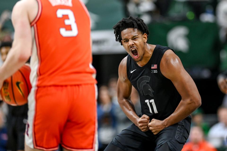 Michigan State's A.J. Hoggard celebrates after his 3-pointer against Illinois during the second half on Saturday, Feb. 10, 2024, at the Breslin Center in East Lansing.